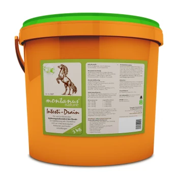 Oranger Eimer mit der Aufschrift 'montanus nature Intesti-Drain' für Pferde, der 3 kg probiotisches Ergänzungsmittel enthält, mit Inhaltsstoffdetails an der Seite.