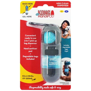 KONG HandiPOD Mini Clean Dispenser packaging featuring a 2-in-1 pick-up bag dispenser and hand sanitizer pod, with degradable bags included.