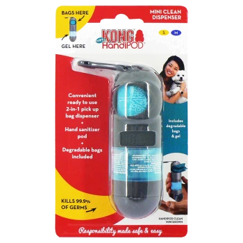 KONG HandiPOD Mini Clean Dispenser packaging featuring a 2-in-1 pick-up bag dispenser and hand sanitizer pod, with degradable bags included.