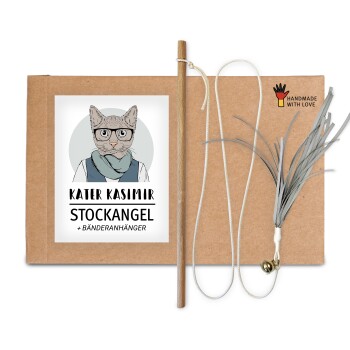 Kater Kasimir Premium Katzenangel aus Buchenholz mit Anhänger aus lustigen Bändern