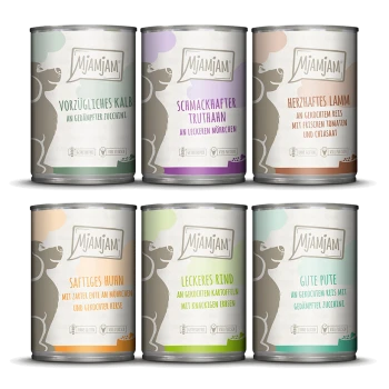 Six boîtes de nourriture pour animaux Mjamjam en saveurs : "Veau", "Dinde", "Agneau", "Poulet", "Boeuf" et "Dinde", chacune avec des détails sur les ingrédients.