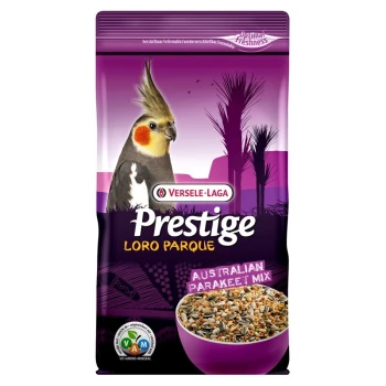 A bag of Versele-Laga Prestige Loro Parque Australian Parakeet Mix featuring a cockatiel on the front, with a bowl of seeds illustrated.