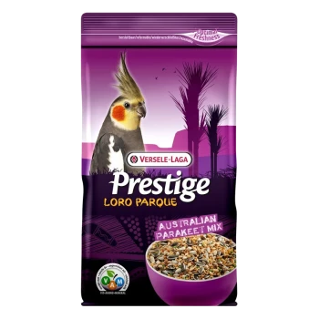 A bag of Versele-Laga Prestige Loro Parque Australian Parakeet Mix featuring a cockatiel on the front, with a bowl of seeds illustrated.
