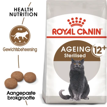 Royal Canin Ageing 12+ Gesteriliseerd kattenvoerzak met een grijze kat, met tekst die de gezondheidsvoeding en aangepaste brokjesgrootte benadrukt.