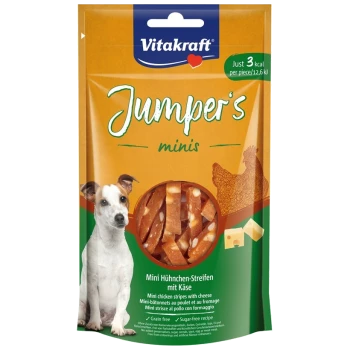 Eine Packung Vitakraft Jumper's Minis Hundeleckerlis mit Mini-Hühnchenstreifen mit Käse, gekennzeichnet als getreidefrei und zuckerfrei.