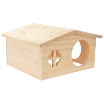 Maison en bois pour animaux avec un toit incliné, présentant une entrée circulaire et une découpe décorative en forme de croix sur le côté.