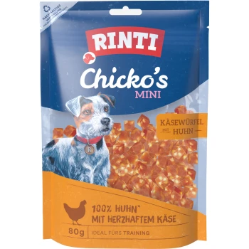 RINTI Chicko's Mini Hundesnacks mit Käsewürfeln und Huhn, 80g, ideal zum Training, nachhaltige Verpackung.