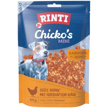 RINTI Chicko's Mini Hundesnacks mit Käsewürfeln und Huhn, 80g, ideal zum Training, nachhaltige Verpackung.