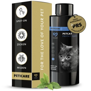 Schwarze Flasche von Petcare Petcat Protect 2961, mit dem Gesicht einer Katze, mit einem Etikett, das "Hohe Wirksamkeit" und "Effektive Pflege" angibt.