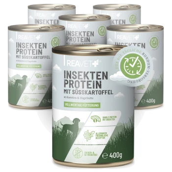 REAVET Dosen: 'Insekten Protein mit Süßkartoffel' Tierfutter, 400 g, 'Vollwertige Fütterung', zucker- und getreidefrei.
