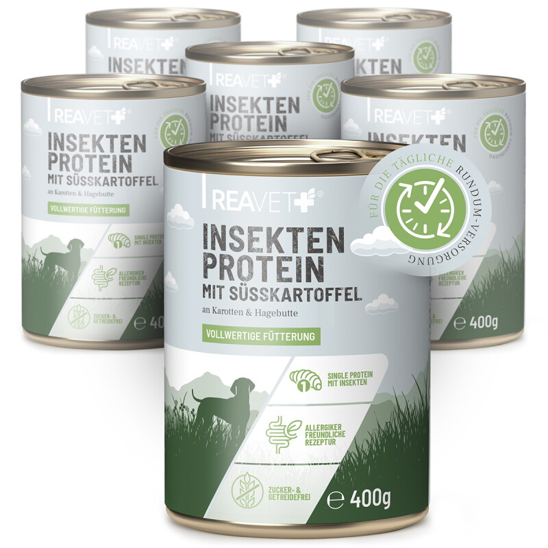 REAVET Hundenassfutter - Insektenprotein mit Süßkartoffeln an Karotten & Hagebutte | 6 x 400g