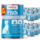 Dosen mit Supravit Fisch Nassfutter für Hunde mit Lachs und Seefisch, beschriftet auf Deutsch und Englisch, mit einer Hundeillustration.