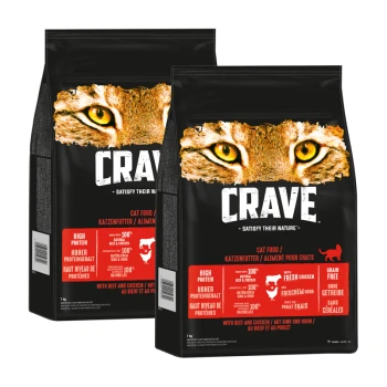 Zwei Tüten CRAVE Katzenfutter mit einer Nahaufnahme des Gesichts einer Katze auf der Vorderseite, beschriftet mit "High Protein" und "Grain Free."