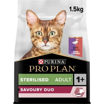 Sac de nourriture pour chats Purina Pro Plan avec un gros plan du visage d'un chat Bengal, étiqueté 'Stérilisé Adulte 1+' et 'Duo Savoureux,' 1,5 kg.