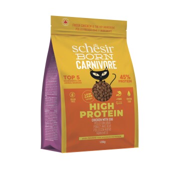 Schesir Born Carnivore high protein cat food bag, chicken with egg, 45% protein, grain free, 1.25kg.