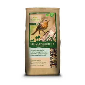 Ökologisches Wildvogelfutterpaket mit einem Vogel auf einem Ast, mit Text, der natürliche Zutaten und Eignung für alle Wildvögel hervorhebt.