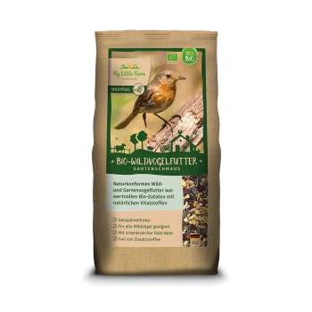 Ökologisches Wildvogelfutterpaket mit einem Vogel auf einem Ast, mit Text, der natürliche Zutaten und Eignung für alle Wildvögel hervorhebt.