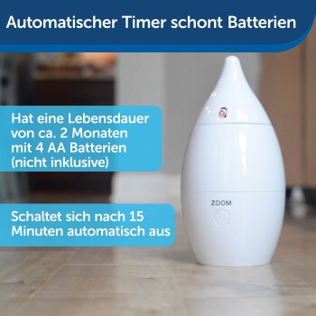 Weißes Haustierprodukt in Tropfenform, beschriftet 'ZOOM', mit Informationen über einen automatischen Timer, Batterielebensdauer und automatisches Abschalten nach 15 Minuten.