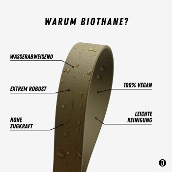 Beige Biothane-Leine mit Wassertropfen; deutscher Titel 'Warum Biothane? — wasserdicht, robust, strapazierfähig, 100% vegan, leicht zu reinigen'.
