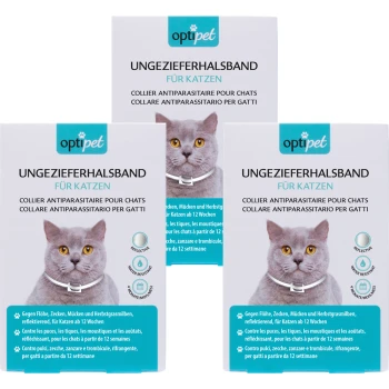 Drei Schachteln OptiPet Floh- und Zeckenhalsbänder für Katzen, mit einer grauen Katze auf der Verpackung und Text in Deutsch, Französisch und Italienisch.