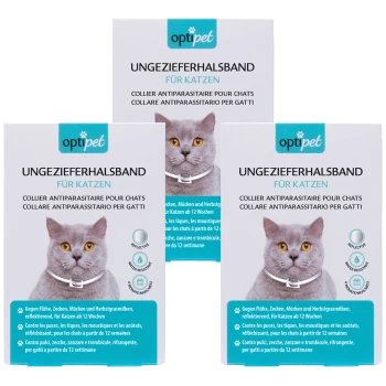 Drei Schachteln OptiPet Floh- und Zeckenhalsbänder für Katzen, mit einer grauen Katze auf der Verpackung und Text in Deutsch, Französisch und Italienisch.
