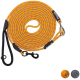 Eine aufgerollte orange-graue Hundeleine mit einem schwarzen Griff und einem Metallclip, auf dem der Markenname 'Flaxtik' am Griff steht.