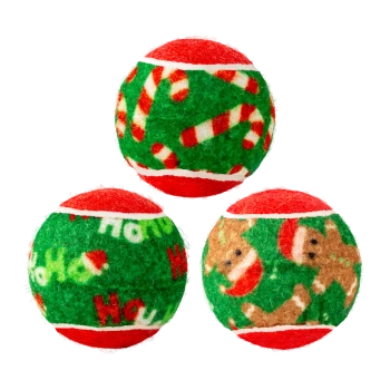 Trois balles de tennis festives pour chiens avec motifs de canne en sucre, "Ho Ho Ho" et bonhomme en pain d'épice sur fonds verts et rouges.