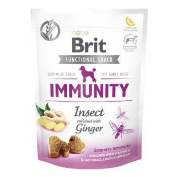 Brit Functional Snack dla dorosłych psów, oznaczony "IMMUNITY", z owadami i imbirem dla wsparcia odporności, zawierający witaminę C i Lactobacillus.