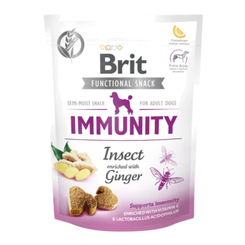 Brit Functional Snack dla dorosłych psów, oznaczony "IMMUNITY", z owadami i imbirem dla wsparcia odporności, zawierający witaminę C i Lactobacillus.