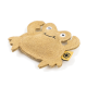 Ein niedliches, plüschiges Froschspielzeug in Hellbraun mit einem lächelnden Gesicht, weißen Augen und einem gelben Etikett, entworfen für Haustiere.