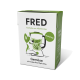 Kartons von FRED Haustier-Smoothie mit einem Cartoon-Hund und einem Mixer, beschriftet "Gemüse mit Superfood Spirulina."