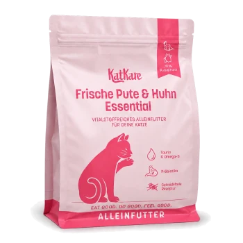 Rosa KatKare-Katzenfutterbeutel mit der Aufschrift 'Frische Pute & Huhn Essential', Katzensilhouette, 'Alleinfutter' und Zutaten-Symbolen.