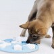 Ein verspielter Welpe, der eine blaue interaktive Fütterungsmatte mit weißen Puzzlestücken schnüffelt, die für mentale Stimulation entwickelt wurde.
