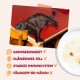 Schwarze Katze auf rotem Tisch; Text: DARMGESUNDHEIT, GLÄNZENDES FELL, STARKES IMMUNSYSTEM; FÄHIGKEIT ZU NÄHEN durchgestrichen