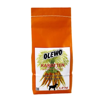 Karotten Pellets für Hunde 1 kg Eine leuchtend orangefarbene Tüte Olewo getrockneter und pelletierter Karotten für Hunde, mit der Aufschrift "Karotten", 1,0 kg schwer, geeignet für alle Hunderassen.