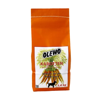 Eine leuchtend orangefarbene Tüte Olewo getrockneter und pelletierter Karotten für Hunde, mit der Aufschrift "Karotten", 1,0 kg schwer, geeignet für alle Hunderassen.