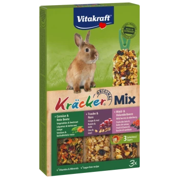 Vitakraft Kräcker Mix Box für Kaninchen, mit einem braunen Kaninchen und einer Auflistung der Zutaten: Gemüse, Rote Beete, Trauben, Nüsse und Beeren.