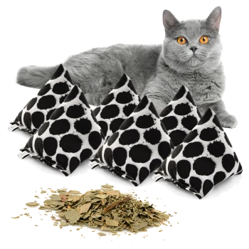 Eine graue Katze mit orangefarbenen Augen sitzt neben fünf dreieckigen, gepunkteten Katzenminze-Spielzeugen und einem Haufen getrockneter Katzenminzblätter.