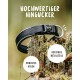Schwarzes Hundehalsband, das auf einem moosigen Baumstamm präsentiert wird, mit Text, der 'Hochwertiger Hingucker', 'Robustes Nylon' und 'Rostfreie Metallteile' hervorhebt.