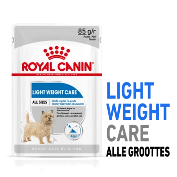 Royal Canin Light Weight Care hondenvoer zakje, 85g, met een hondenillustratie, met tekst in meerdere talen over gewichtsbeheer.