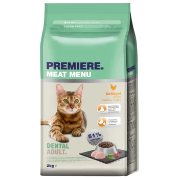 Katzenfutterbeutel, beschriftet mit "Premiere Meat Menu", mit einer getigerten Katze, die 51% Geflügelanteil und Vorteile für die Zahnpflege hervorhebt.