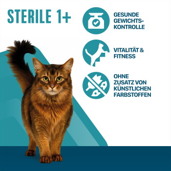 Braune langhaarige Katze; deutsches Etikett 'STERILE 1+' und Symbole für Gewichtskontrolle, Vitalität und ohne künstliche Farbstoffe.