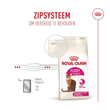 Zak Royal Canin Fussy Exigent kattenvoer met kattenafbeelding; zichtbare tekst: 'ZIPSYSTEEM OM VERSHEID TE BEHOUDEN', 'Highly Appetizing'.