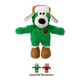 Jouet chien en peluche vert portant un chapeau d'hiver marron et blanc avec le texte « Assorted Characters » en dessous.