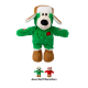 Jouet chien en peluche vert portant un chapeau d'hiver marron et blanc avec le texte « Assorted Characters » en dessous.