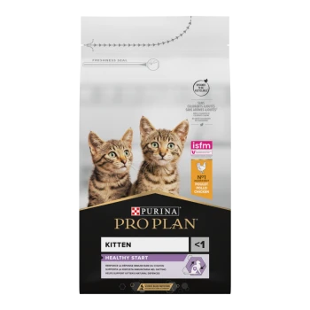 Purina Pro Plan kittenvoer zak met twee speelse tabby kittens, gelabeld 'Healthy Start' met kip als hoofdingrediënt.