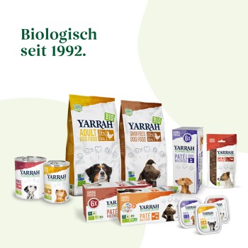 Yarrah biologische hondenvoeding producten weergegeven, inclusief graanvrije opties, natvoerblikken en multipacks, met de tekst "Biologisch seit 1992."
