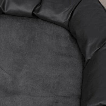 Zwei Dalmatiner entspannen sich in einem gemütlichen schwarzen Haustierbett vor einem warmen Kamin, mit einer verschneiten Landschaft, die durch das Fenster sichtbar ist.