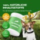 Grüner Behälter mit der Aufschrift "HUNDPUR" mit "100% natürliche Inhaltsstoffe" und Symbolen für diabetische, alle Rassen und zuckerfreie Eignung.
