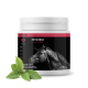 Behälter von PETHORSE HEALTH 4601, einem Entspannungspulver für Pferde, mit dem Profil eines schwarzen Pferdes und grünen Blättern.